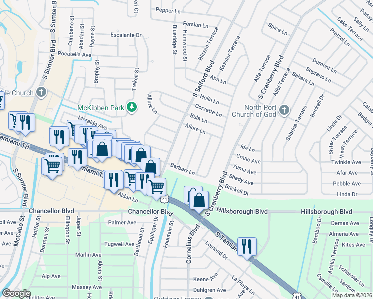 map of restaurants, bars, coffee shops, grocery stores, and more near 5551 Kismet Terrace in North Port