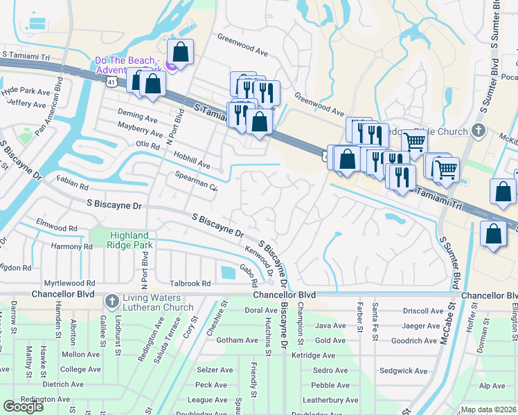 map of restaurants, bars, coffee shops, grocery stores, and more near 5696 Holiday Park Boulevard in North Port