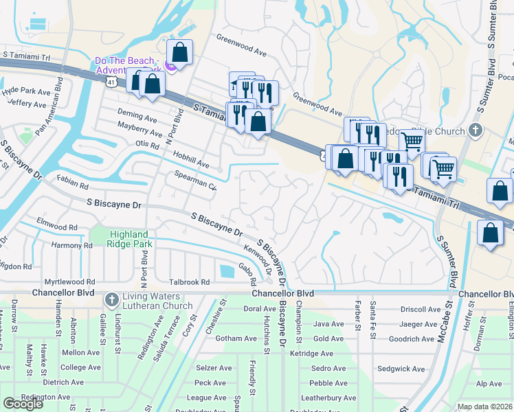 map of restaurants, bars, coffee shops, grocery stores, and more near 5696 Holiday Park Boulevard in North Port