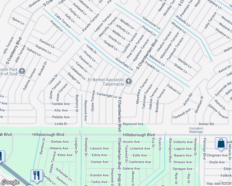 map of restaurants, bars, coffee shops, grocery stores, and more near 2020 Cartwright Lane in North Port