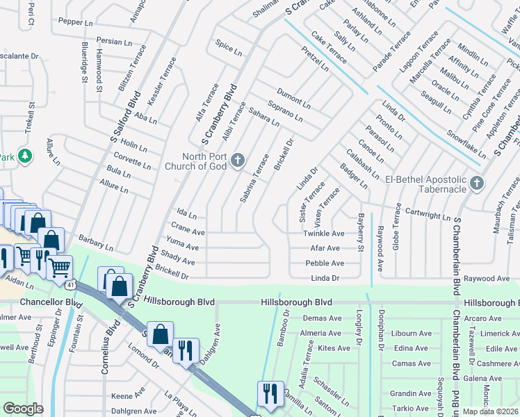 map of restaurants, bars, coffee shops, grocery stores, and more near 5396 Brickell Drive in North Port