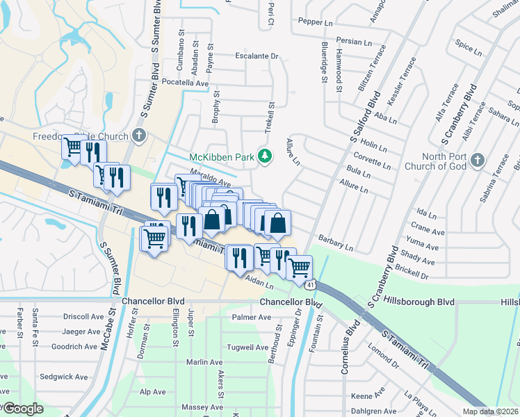 map of restaurants, bars, coffee shops, grocery stores, and more near 4311 Mongite Road in North Port