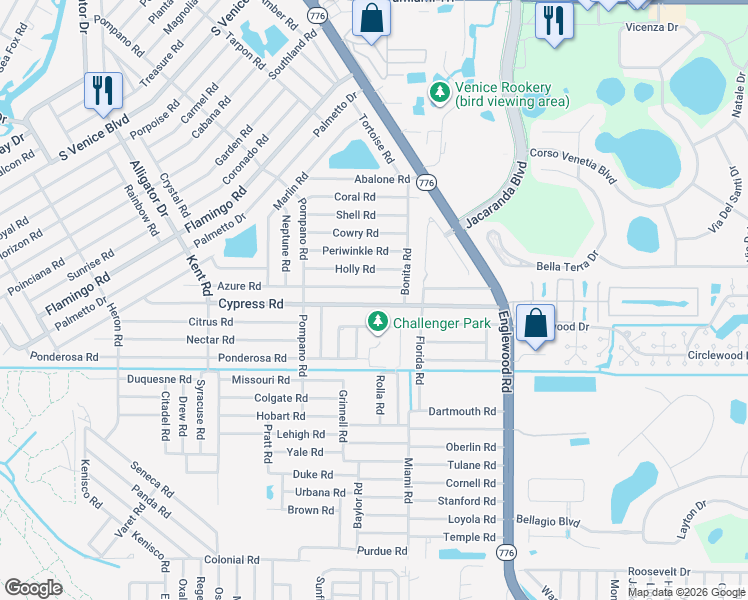 map of restaurants, bars, coffee shops, grocery stores, and more near 408 Olivia Road in Venice