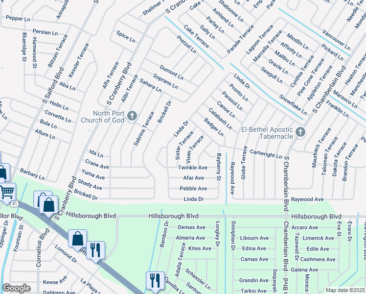 map of restaurants, bars, coffee shops, grocery stores, and more near 5390 Sister Terrace in North Port