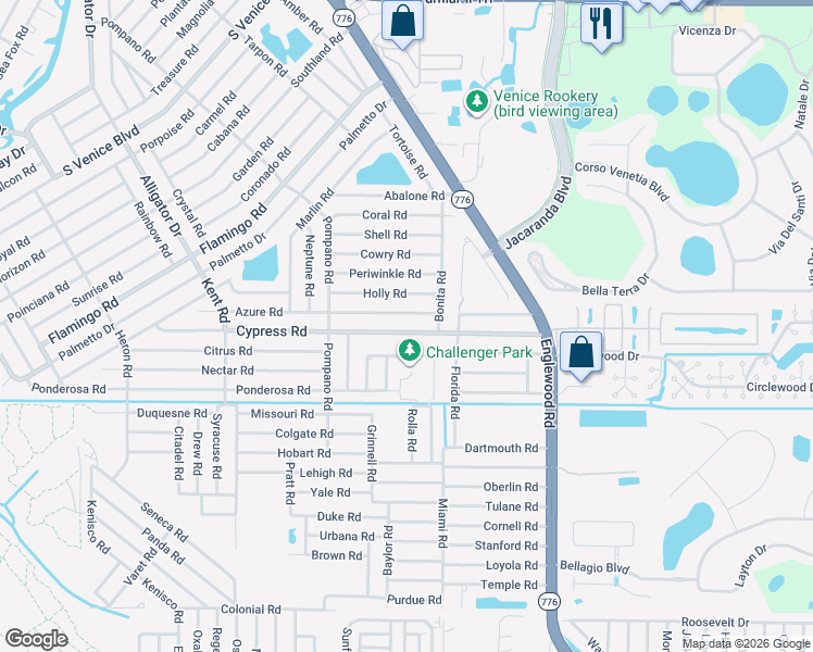 map of restaurants, bars, coffee shops, grocery stores, and more near 408 Olivia Road in Venice