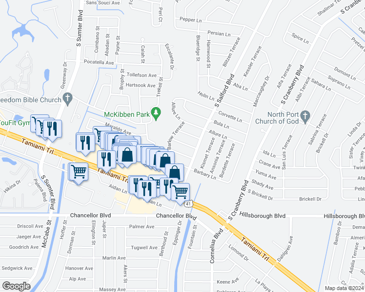 map of restaurants, bars, coffee shops, grocery stores, and more near 4055 Vermont Lane in North Port