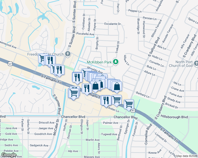 map of restaurants, bars, coffee shops, grocery stores, and more near 4441 Mongite Road in North Port