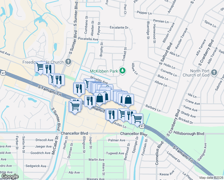 map of restaurants, bars, coffee shops, grocery stores, and more near 4417 Maraldo Avenue in North Port