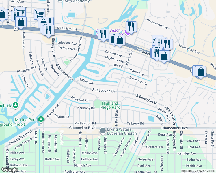 map of restaurants, bars, coffee shops, grocery stores, and more near 6164 Fabian Road in North Port