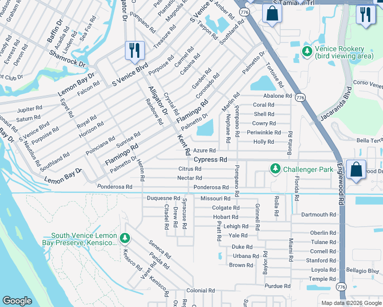 map of restaurants, bars, coffee shops, grocery stores, and more near 728 Azure Road in Venice