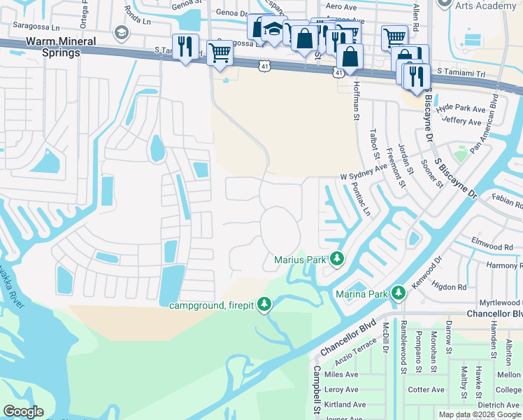 map of restaurants, bars, coffee shops, grocery stores, and more near 9848 Hawk Nest Lane in North Port