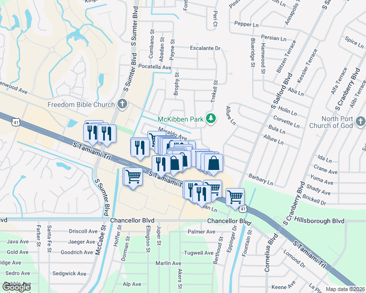 map of restaurants, bars, coffee shops, grocery stores, and more near 4440 Mongite Road in North Port