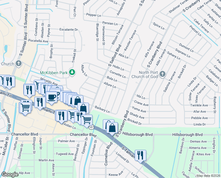map of restaurants, bars, coffee shops, grocery stores, and more near 5329 Ansonia Terrace in North Port
