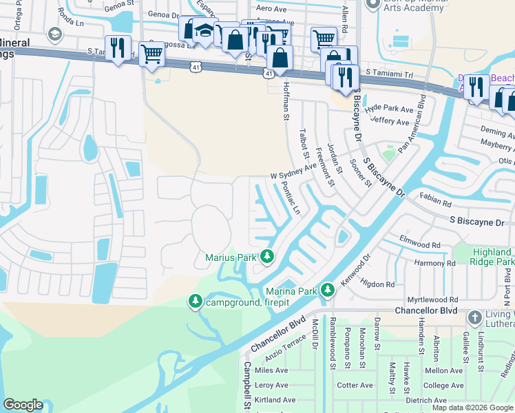 map of restaurants, bars, coffee shops, grocery stores, and more near 6406 Midas Place in North Port