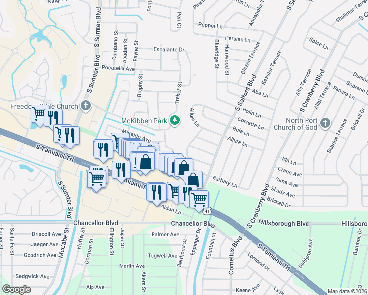 map of restaurants, bars, coffee shops, grocery stores, and more near 5483 Barlow Terrace in North Port
