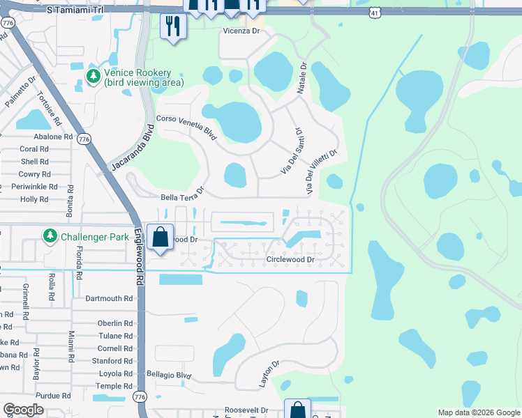 map of restaurants, bars, coffee shops, grocery stores, and more near 141 Hourglass Drive in Venice
