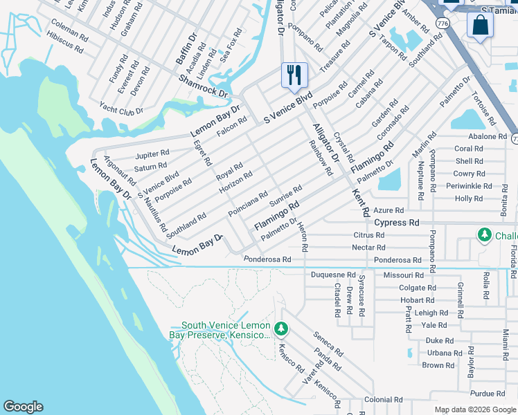 map of restaurants, bars, coffee shops, grocery stores, and more near 1204 Sunrise Road in Venice