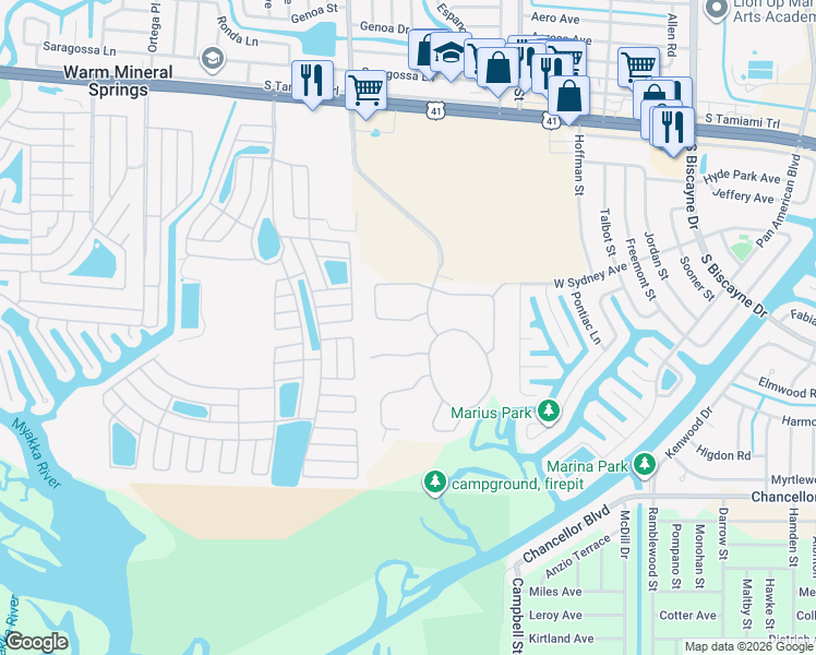 map of restaurants, bars, coffee shops, grocery stores, and more near 9742 Hawk Nest Lane in North Port
