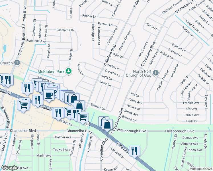 map of restaurants, bars, coffee shops, grocery stores, and more near 5329 Ansonia Terrace in North Port
