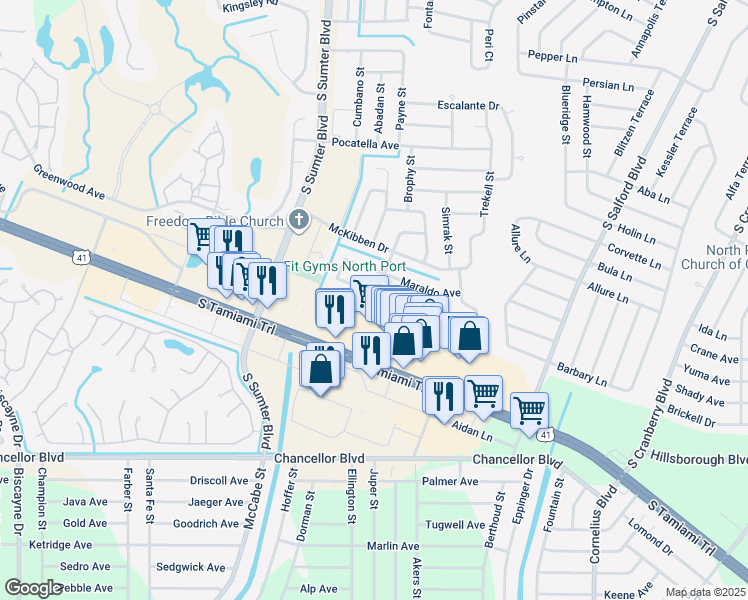 map of restaurants, bars, coffee shops, grocery stores, and more near 4625 Mongite Road in North Port