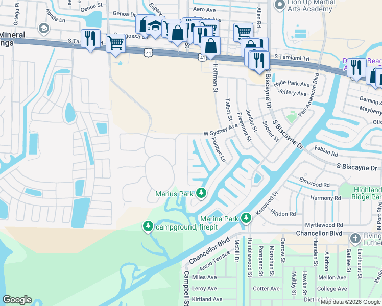 map of restaurants, bars, coffee shops, grocery stores, and more near 6406 Midas Place in North Port