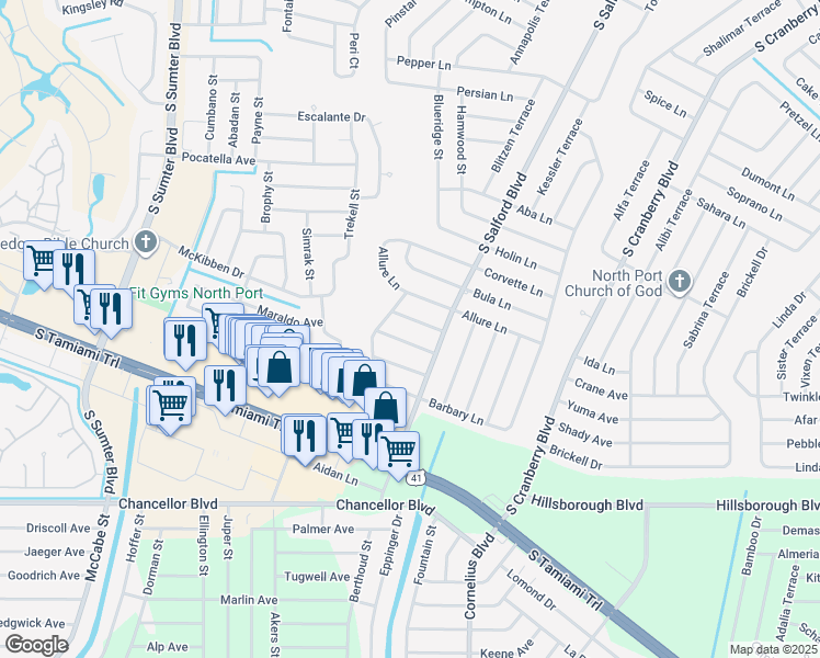 map of restaurants, bars, coffee shops, grocery stores, and more near 4065 Alwick Lane in North Port
