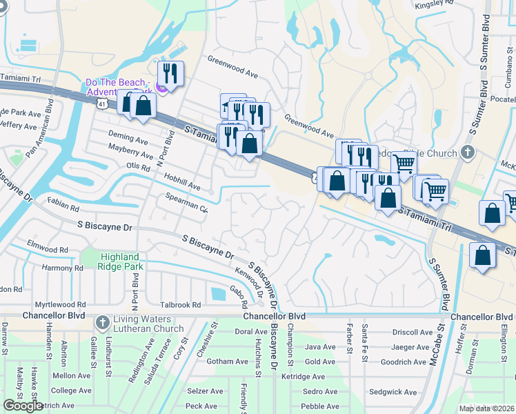 map of restaurants, bars, coffee shops, grocery stores, and more near 6373 Fantasy Court in North Port
