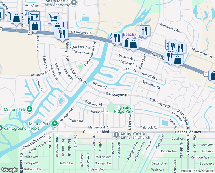 map of restaurants, bars, coffee shops, grocery stores, and more near 6282 Fabian Road in North Port