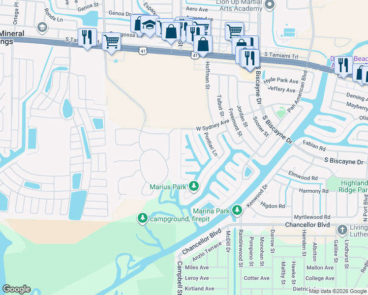 map of restaurants, bars, coffee shops, grocery stores, and more near 6406 Midas Place in North Port