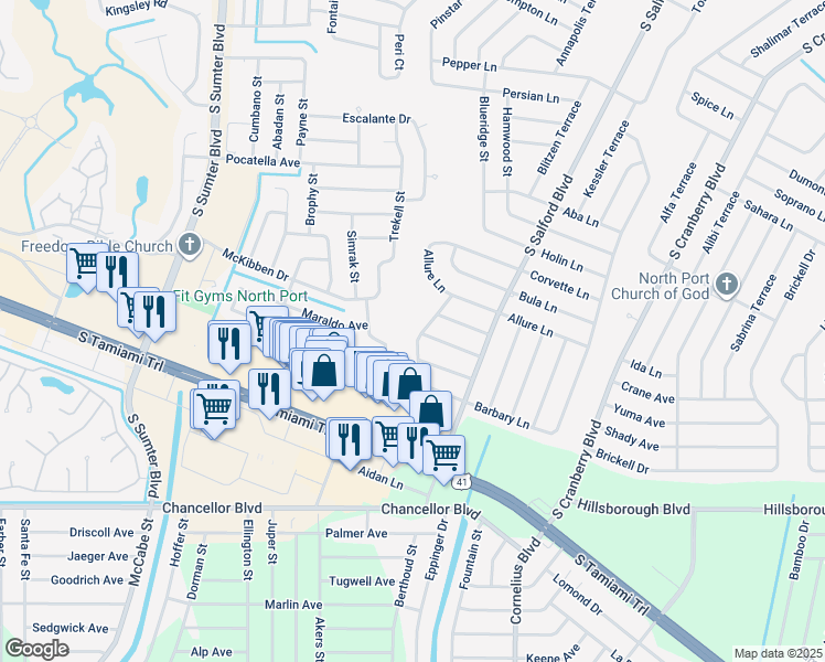 map of restaurants, bars, coffee shops, grocery stores, and more near 5483 Barlow Terrace in North Port