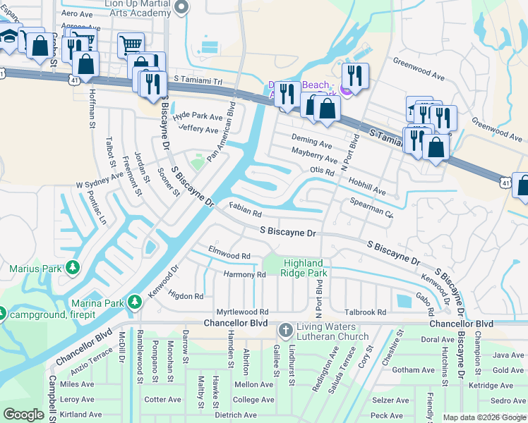 map of restaurants, bars, coffee shops, grocery stores, and more near 6282 Fabian Road in North Port