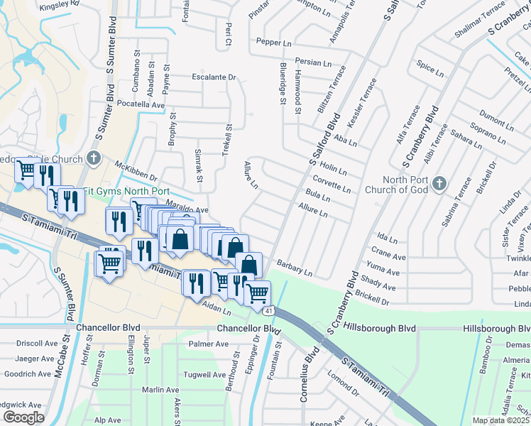 map of restaurants, bars, coffee shops, grocery stores, and more near 4065 Alwick Lane in North Port