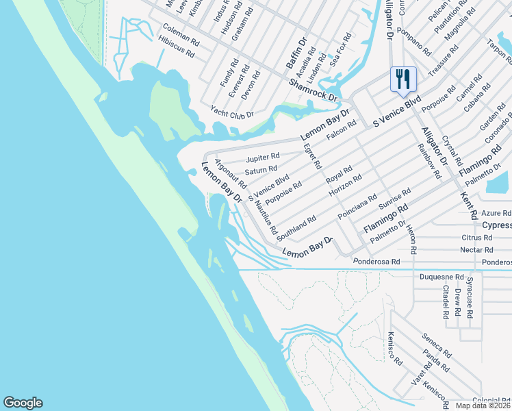 map of restaurants, bars, coffee shops, grocery stores, and more near 4872 Nautilus Road in Venice