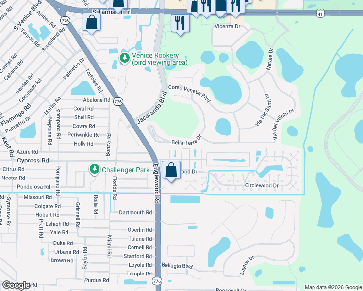 map of restaurants, bars, coffee shops, grocery stores, and more near 109 Pebble Rock Drive in Venice