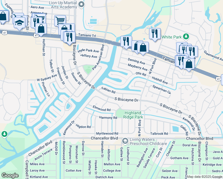 map of restaurants, bars, coffee shops, grocery stores, and more near 6282 Fabian Road in North Port