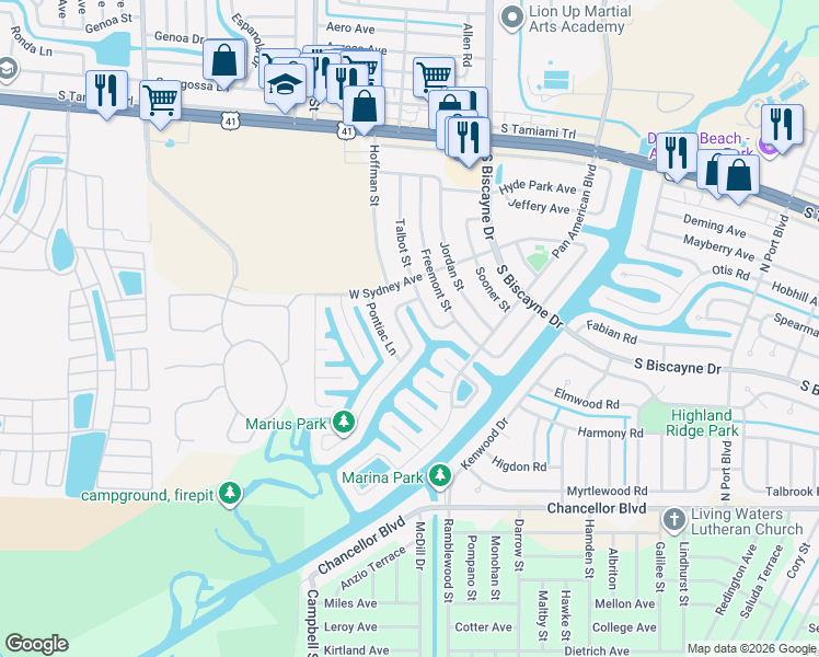 map of restaurants, bars, coffee shops, grocery stores, and more near 6570 Marius Road in North Port