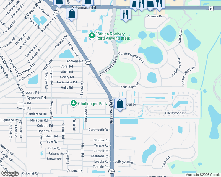 map of restaurants, bars, coffee shops, grocery stores, and more near 5035 Bella Terra Drive in Venice