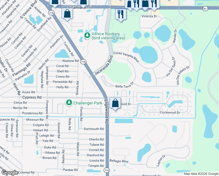 map of restaurants, bars, coffee shops, grocery stores, and more near 5035 Bella Terra Drive in Venice
