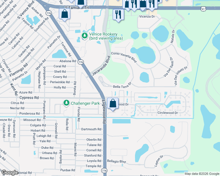 map of restaurants, bars, coffee shops, grocery stores, and more near 109 Pebble Rock Drive in Venice