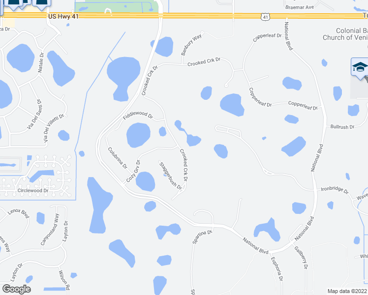 map of restaurants, bars, coffee shops, grocery stores, and more near 10075 Crooked Creek Drive in Venice