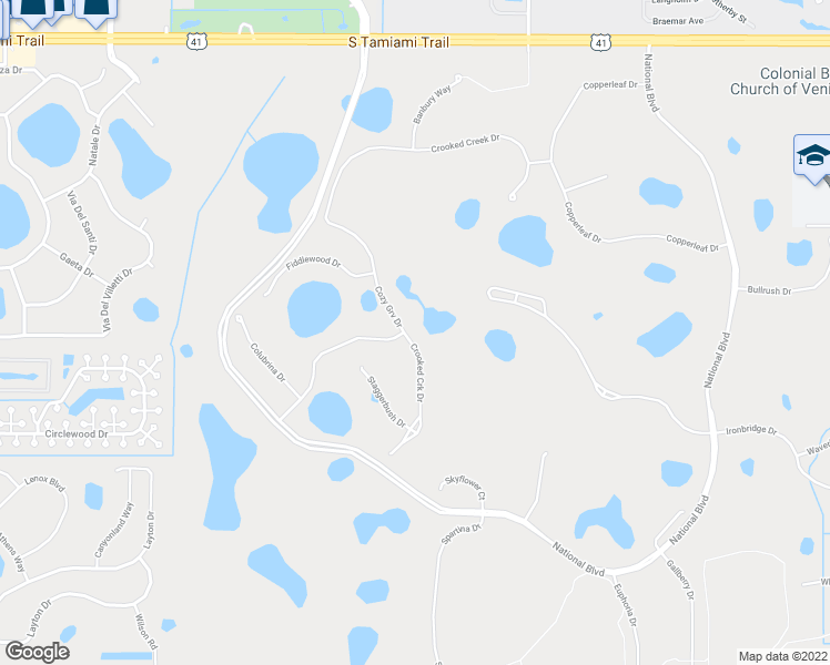 map of restaurants, bars, coffee shops, grocery stores, and more near 10075 Crooked Creek Drive in Venice