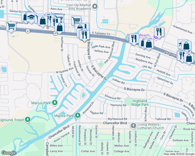 map of restaurants, bars, coffee shops, grocery stores, and more near 6438 Safford Terrace in North Port
