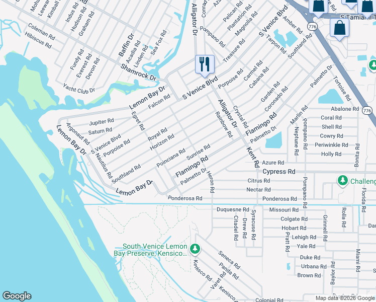 map of restaurants, bars, coffee shops, grocery stores, and more near 1105 Sunrise Road in Venice