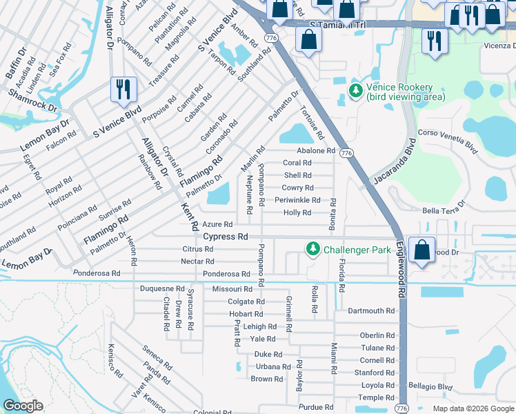 map of restaurants, bars, coffee shops, grocery stores, and more near 4816 Pompano Road in Venice