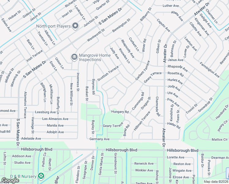 map of restaurants, bars, coffee shops, grocery stores, and more near 4551 Garbett Terrace in North Port