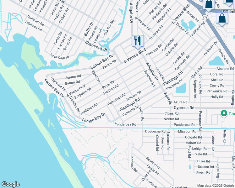 map of restaurants, bars, coffee shops, grocery stores, and more near 1204 Sunrise Road in Venice