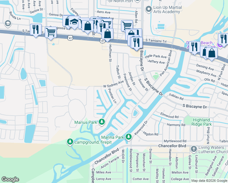 map of restaurants, bars, coffee shops, grocery stores, and more near 8591 West Sydney Avenue in North Port