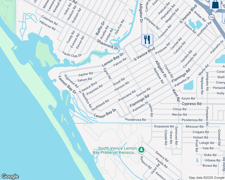 map of restaurants, bars, coffee shops, grocery stores, and more near 1316 Royal Road in Venice