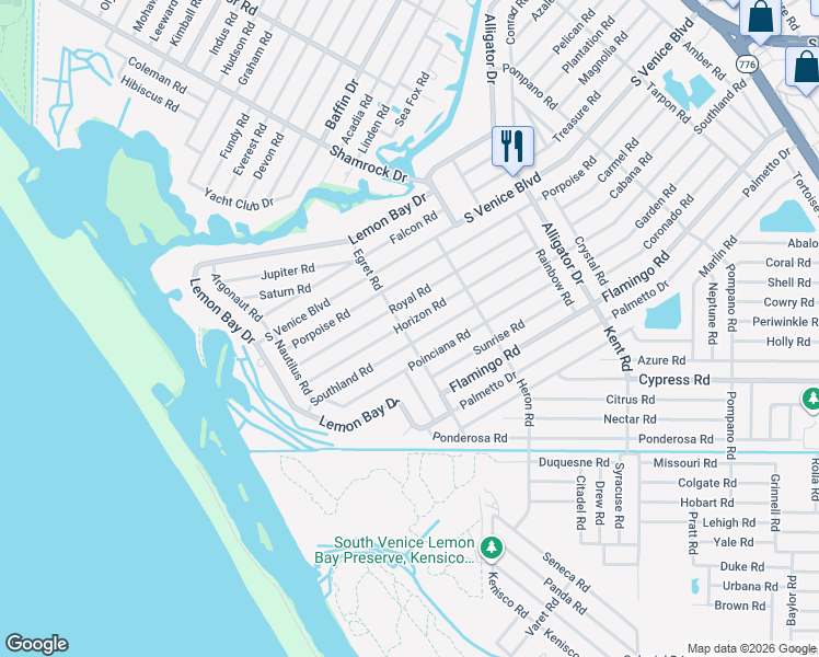 map of restaurants, bars, coffee shops, grocery stores, and more near 1216 Horizon Road in Venice