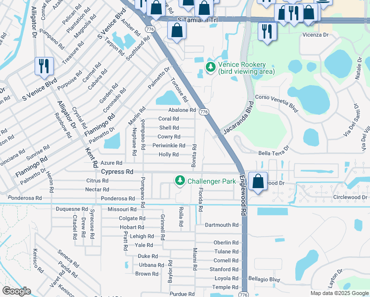 map of restaurants, bars, coffee shops, grocery stores, and more near 145 Cowry Road in Venice